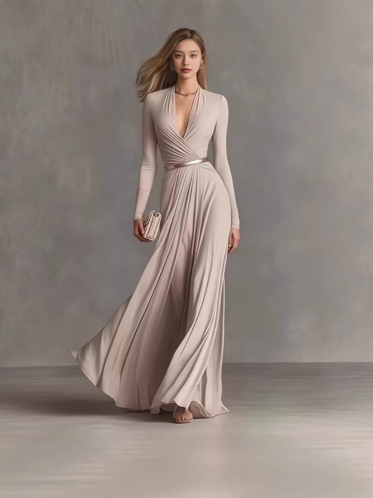 Women's Solid Color Deep V Long Sleeve Dress