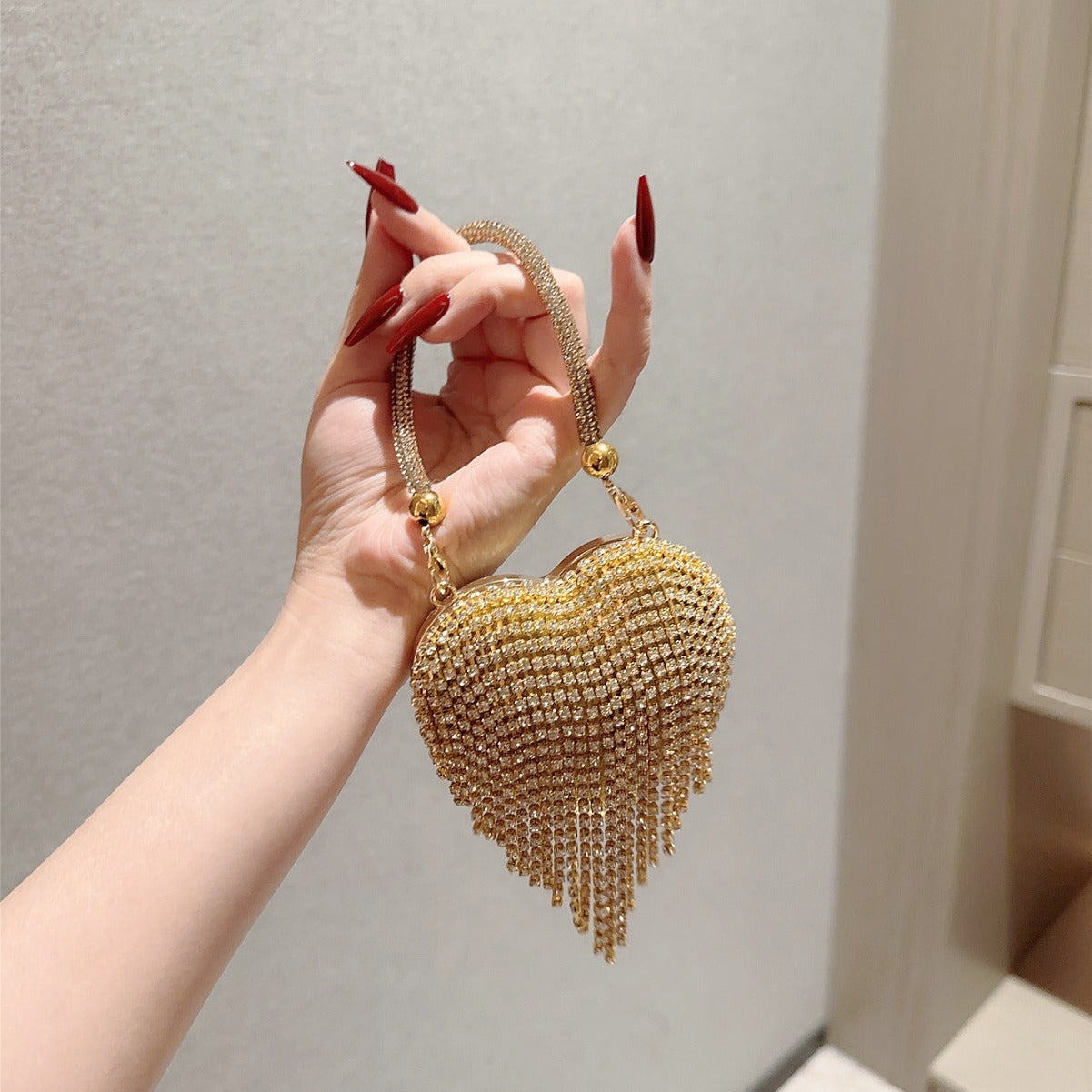 Women's Mini Peach Heart Diamond Dinner Chain Party Evening Bags