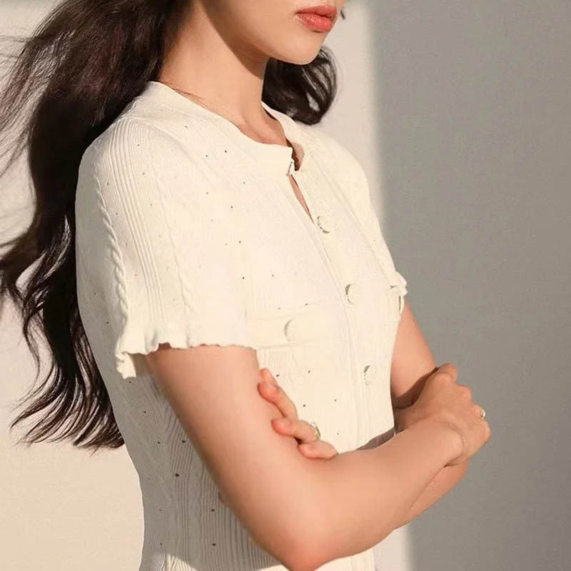 Sleeve Knitted Slit Dress Hollow Single Sweaters