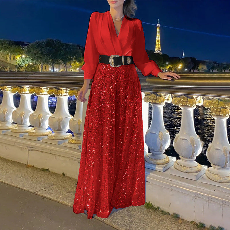 Women's Shirt Elegant Waist Slimming Sequined Wide Women's Jumpsuit/clothing