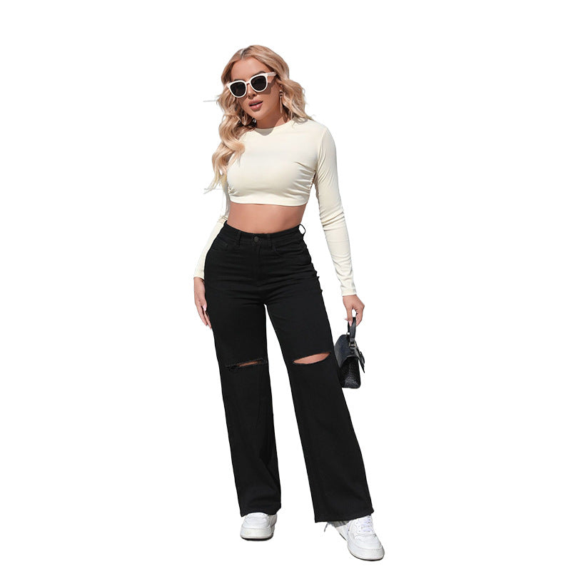 Women's Black Straight Design Sense Ripped Versatile Jeans