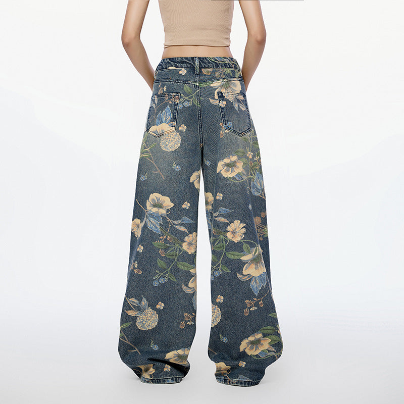 Women's & Men's & American High Street Floral Printed Jeans