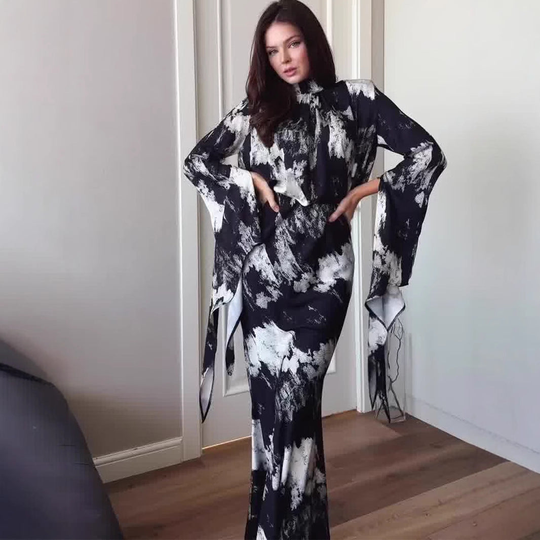 Spring Slim Fit Tied Satin Printed Irregular Design Dresses