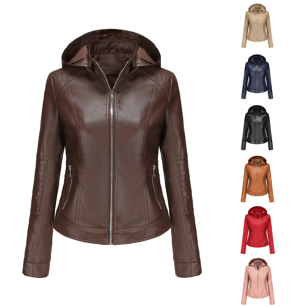 Women's Hooded Leather Detachable Hat Windproof European Jackets