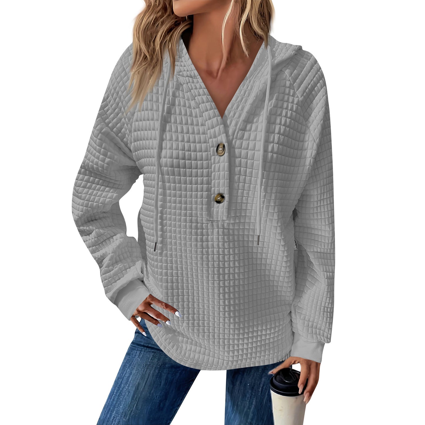 Women's Square Quilted Hooded Button Loose Long Women's Sweater, Sweater