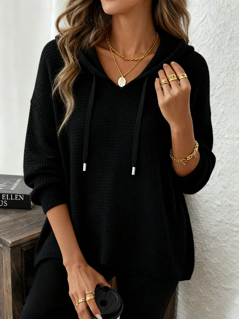 Women's Fashion Waffle Pullover Solid Color Hoodie Tops