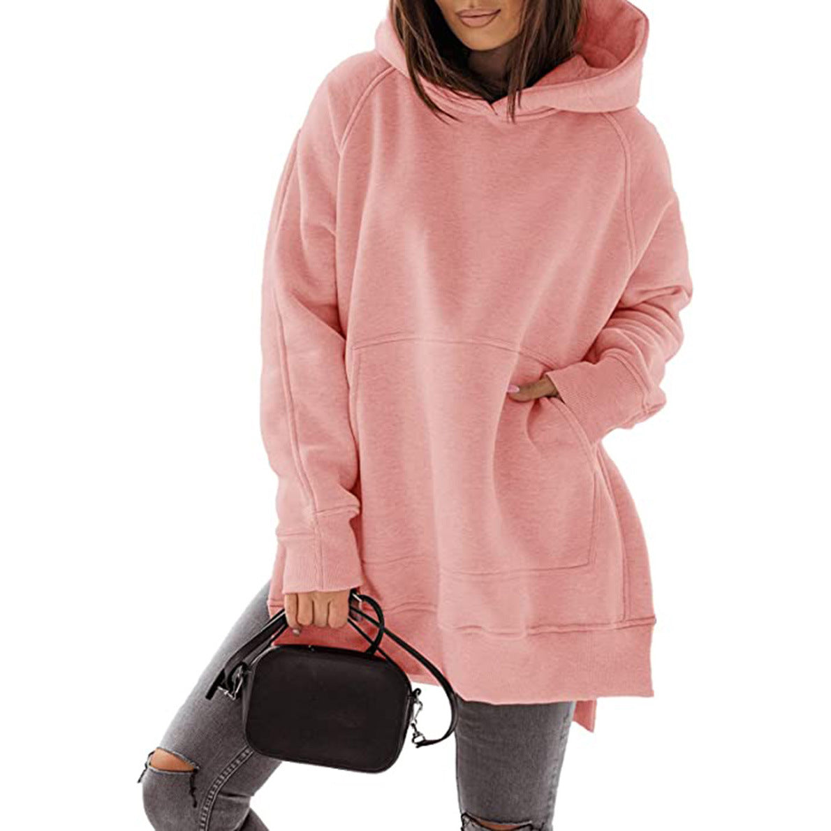 Women's Sleeve Round Neck Fleece-lined Solid Color Pocket Loose-fitting Women's Sweater, Sweater