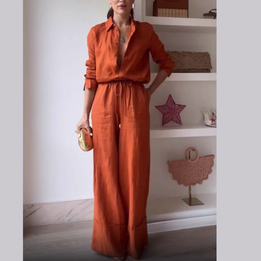 Women's Solid Color Shirt Pocket Trousers Casual Lace Suits