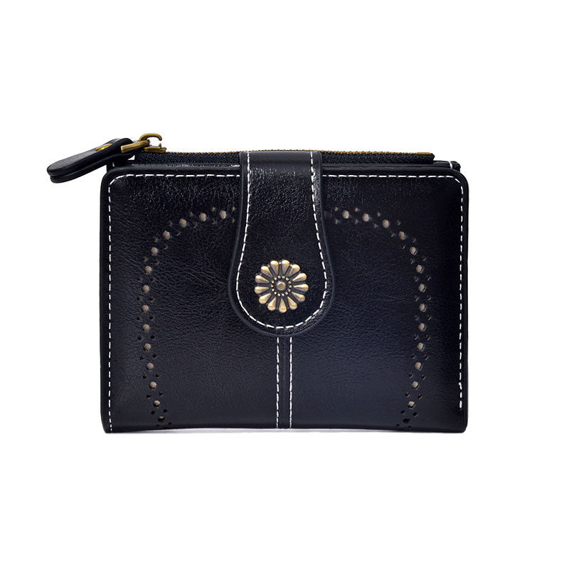 Women's Oil Leather Retro Short Zipper Hollow Ladies Wallets