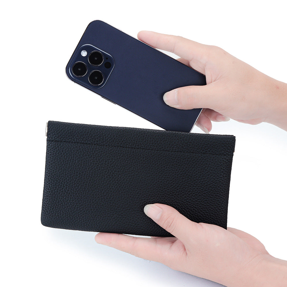 First Layer Cowhide Lady's Simple Long Automatic Closure Ladies Wallets