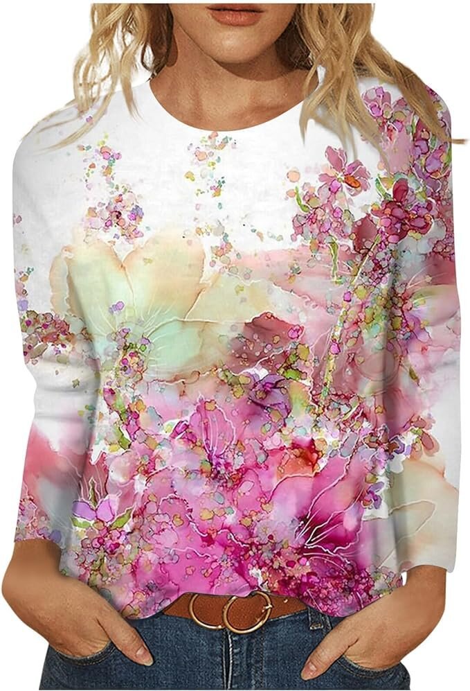 Women's Round Neck Long Sleeve Loose Print Tops