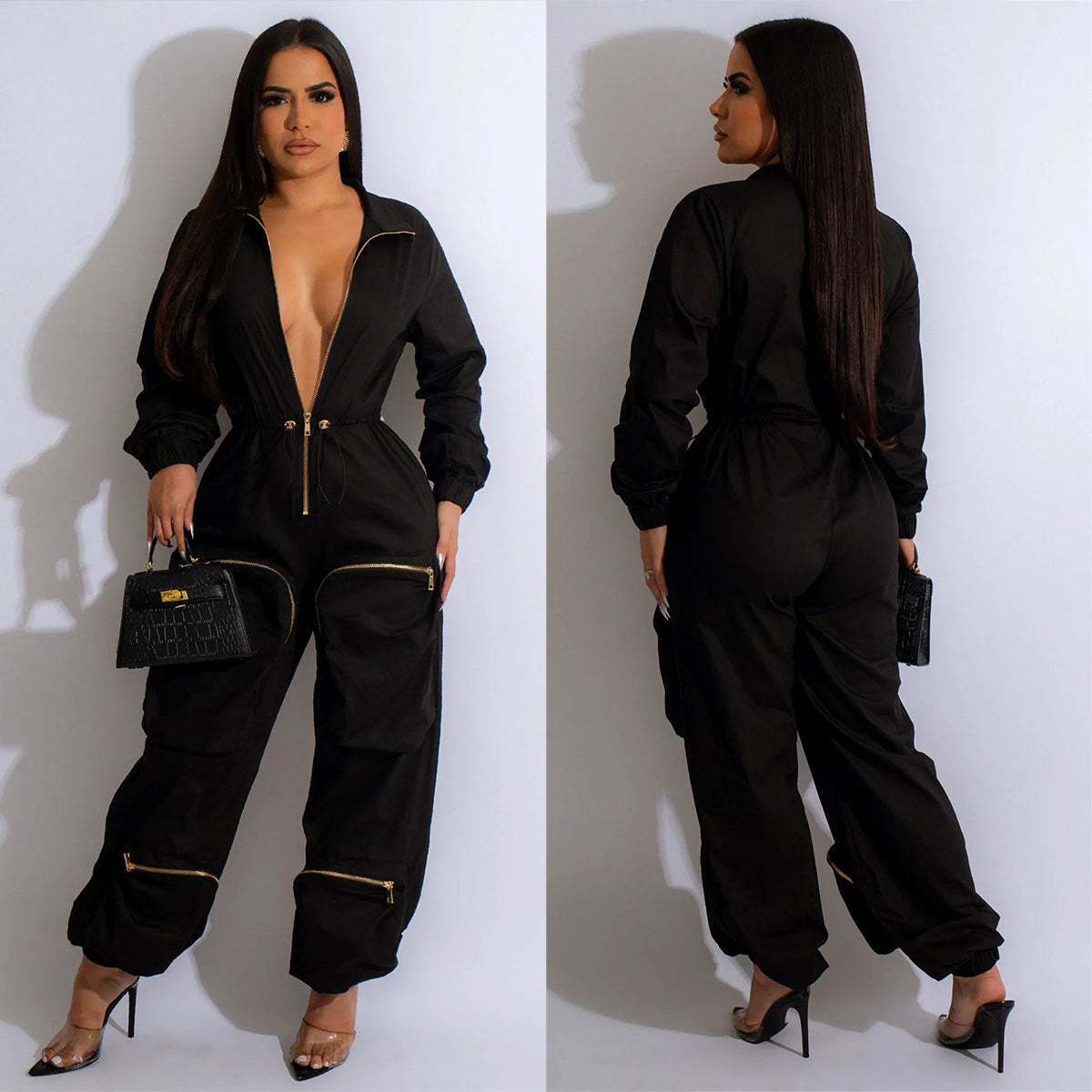 Women's Cargo Overalls Metal Zipper Bread Bag Jumpsuits