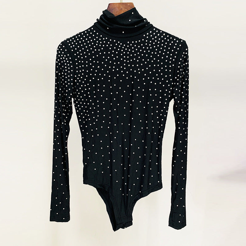Rhinestone Stretch Turtleneck Bottoming Shirt Pleated Leggings