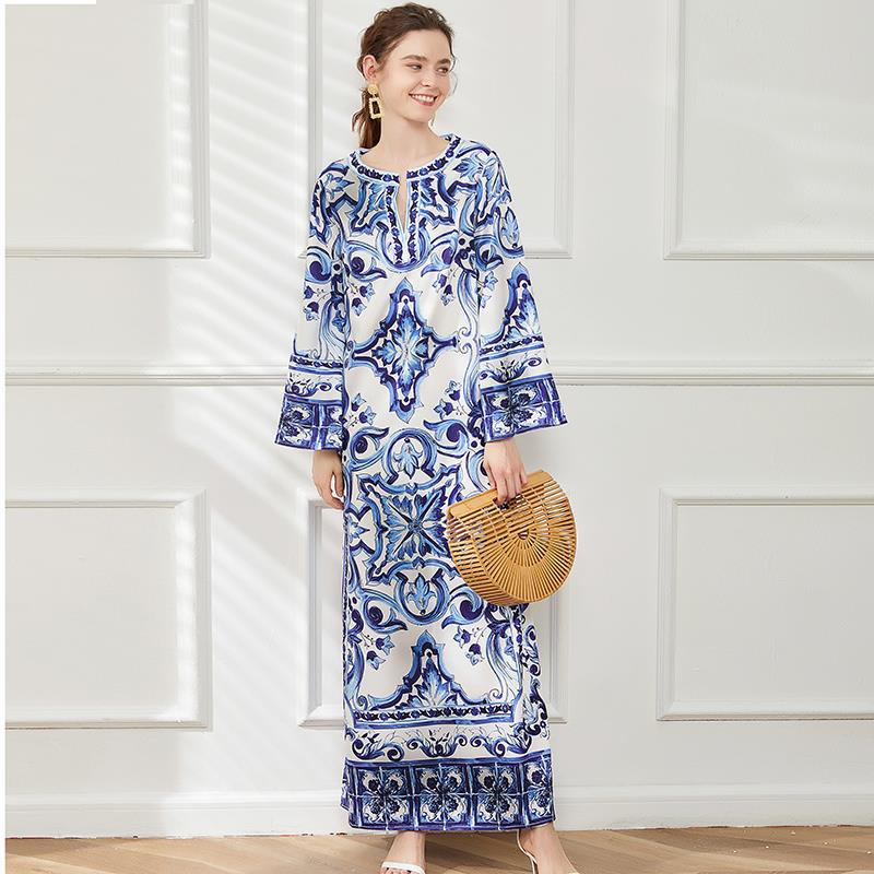 Women's Porcelain Printed Dress Summer Seaside Holiday Dresses