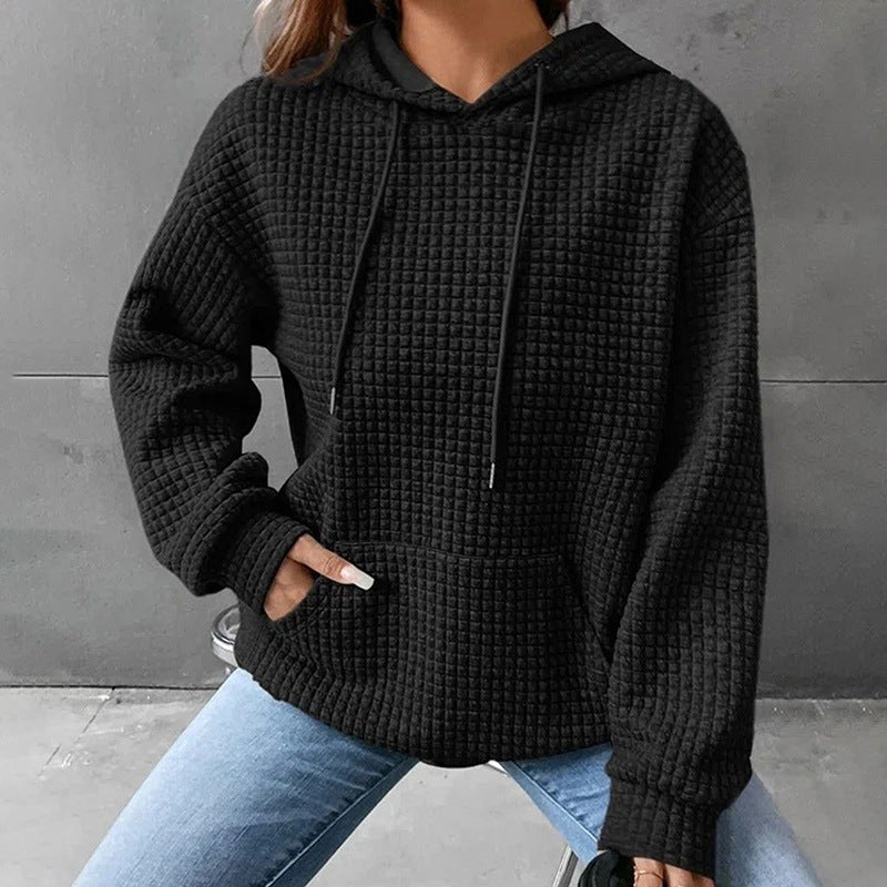 Women's Waffle Hooded Long Sleeve Letter Print Sweatshirt Loose Women's Sweater, Sweater