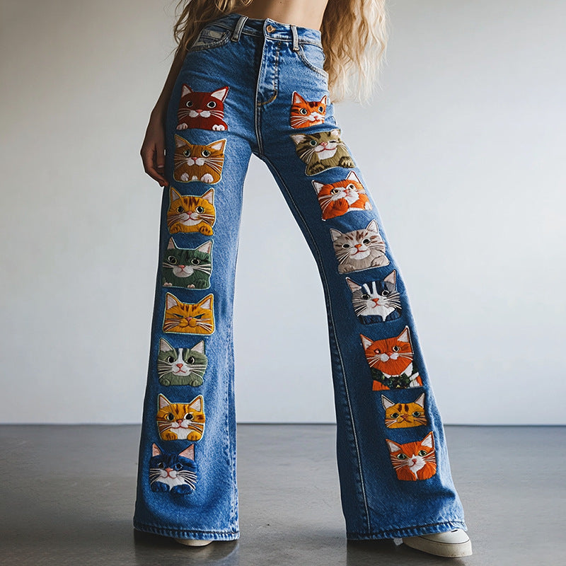 Women's Digital Printing Fashion Slimming Denim Bell-bottom Jumpsuits
