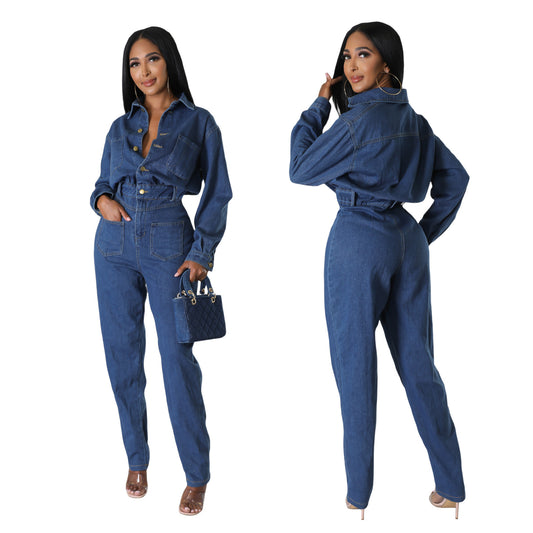 Classic Innovative Versatile Stretch Denim Pocket Jumpsuits