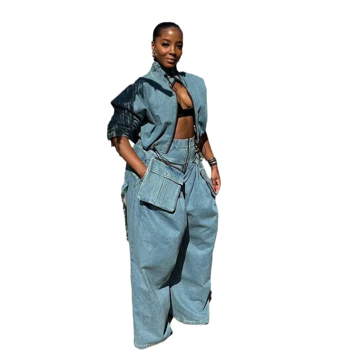 Women's Fashion Retro Wide Leg Loose Denim Suits