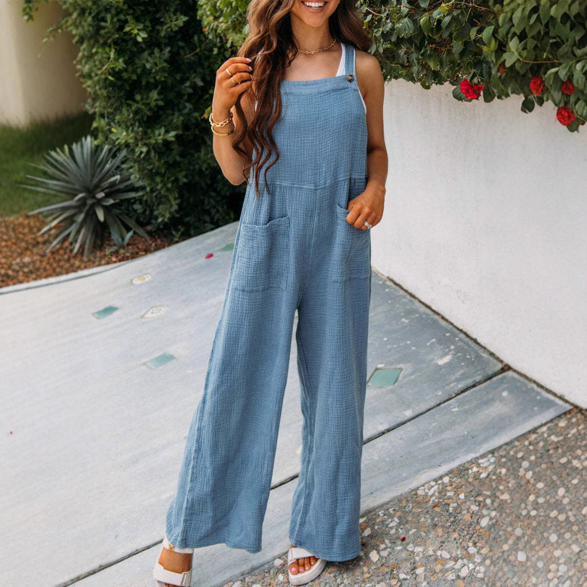 Women's Solid Color Pocket Square Collar Loose Women's Jumpsuit/clothing