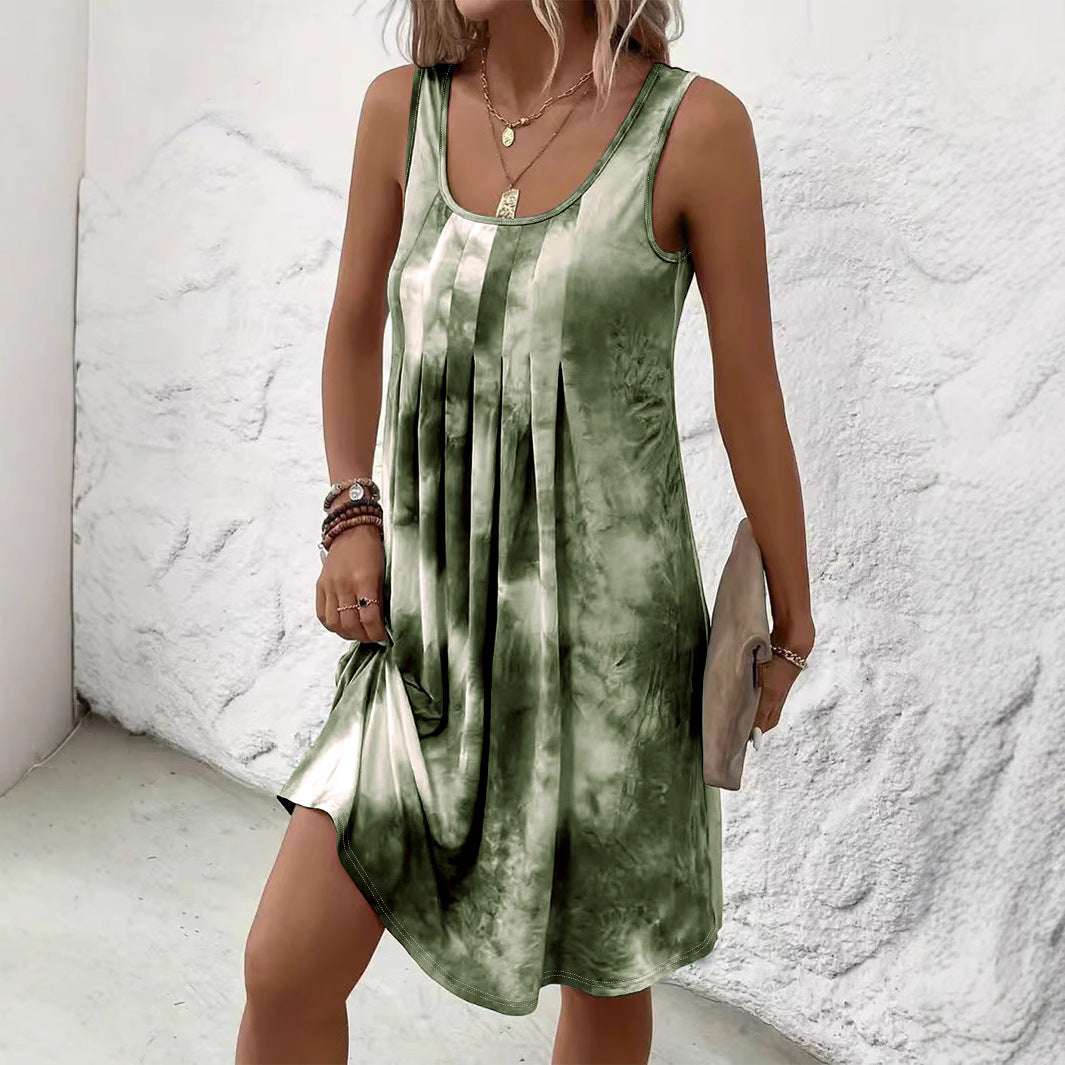 Women's Printed Round Neck Pleated Casual Sleeveless Dress