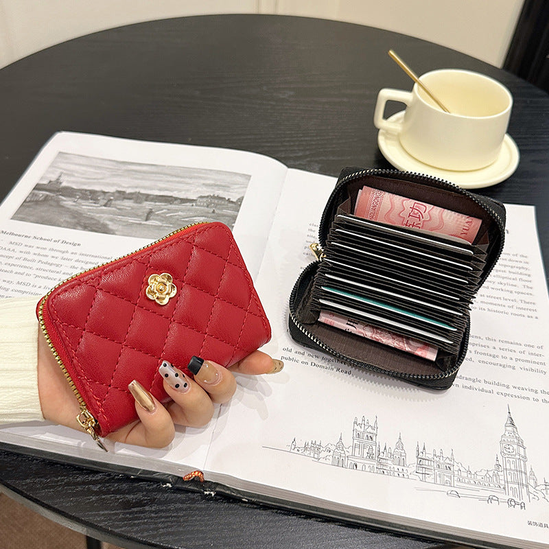 Camellia Rhombus Female Simple Zipper Driving License Card Holder