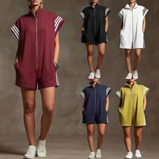 Women's Stand Collar Casual Zipper Striped Contrast Color Clothing