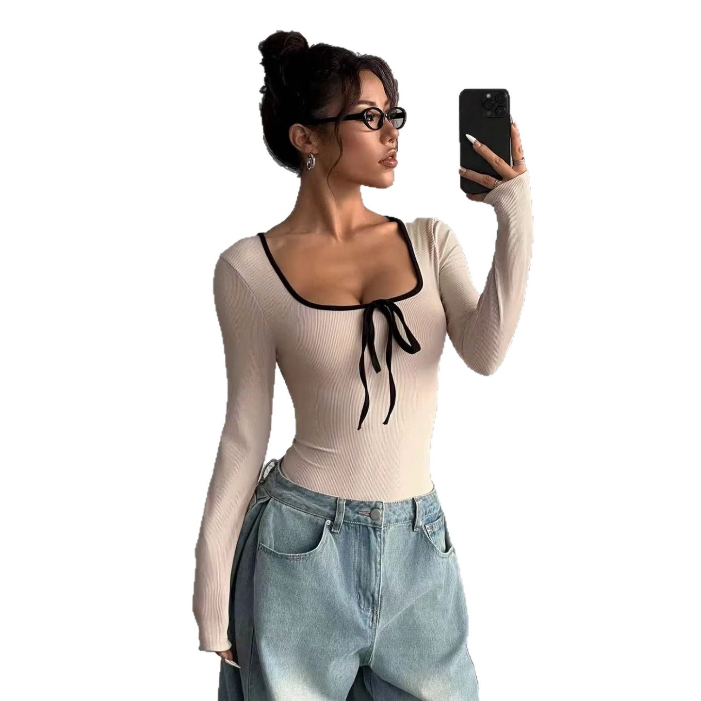 One-piece Stitching Contrast Color Collar Slim Fit Fashion Sexy Siamese Women's Jumpsuit/clothing