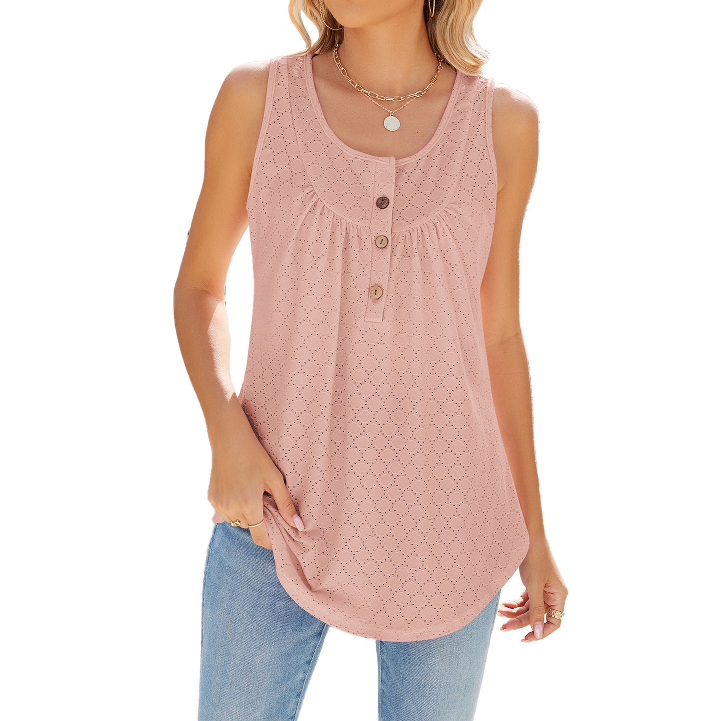 Summer Solid Color Round Neck Button Women's T-shirt