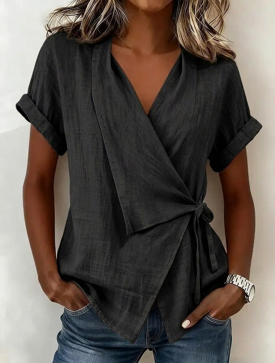 Summer Casual Solid Color Polo Collar Irregular Women's T-shirt