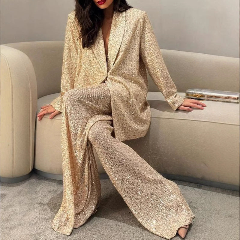 Women's Casual Trousers Temperament Wild Sequin Wide Blazers