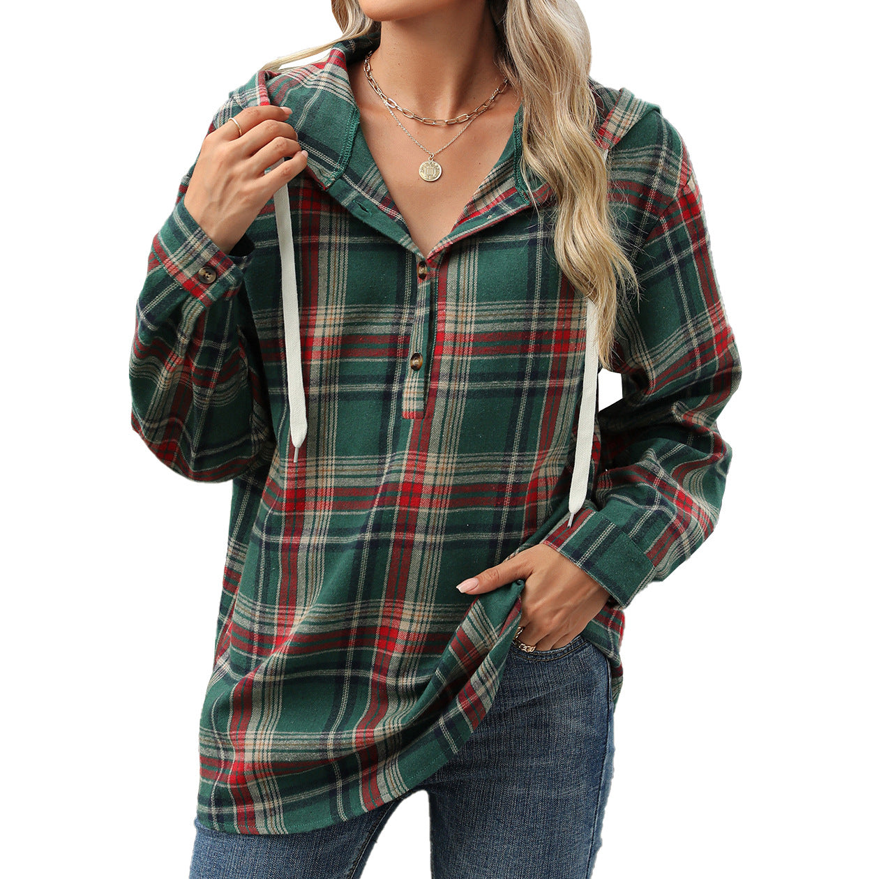 Women's Loose Long Sleeve Hooded Button Plaid Women's Sweater, Sweater