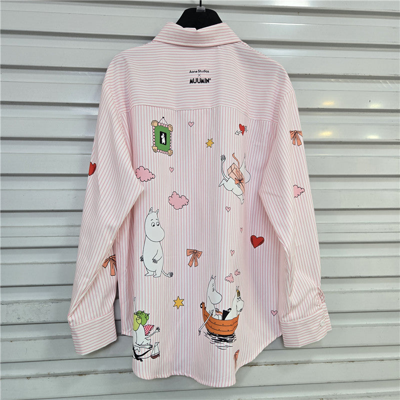 Women's Pink Cute Cartoon Printed Striped Design Shirt Autumn Blouses
