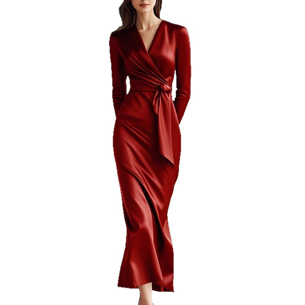 Women's Temperament Long Dress Hepburn Style Satin Dresses