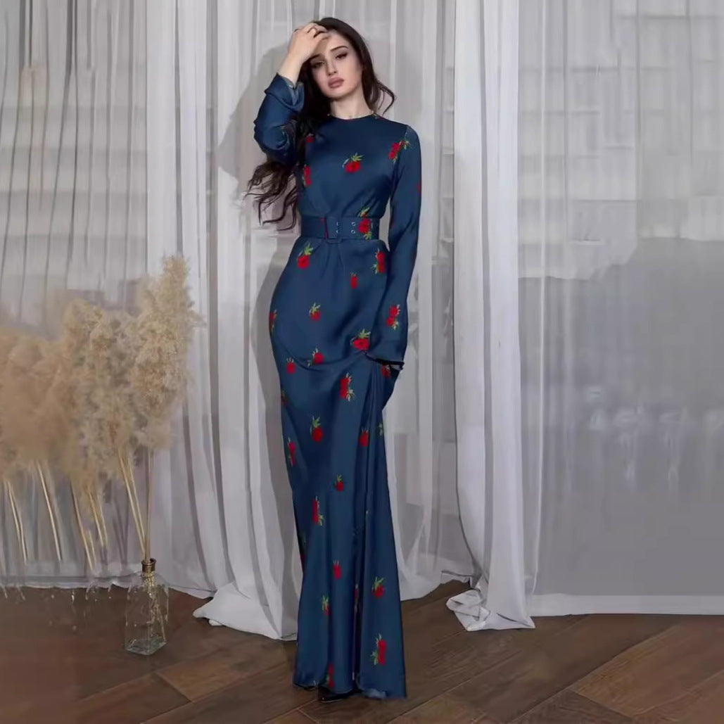 Long Sleeve Round Neck Ice Silk Breathable Flower Dresses