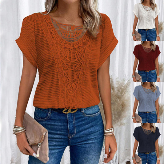 Pretty Fashion Women's Lace Patchwork Short-sleeved Women's T-shirt