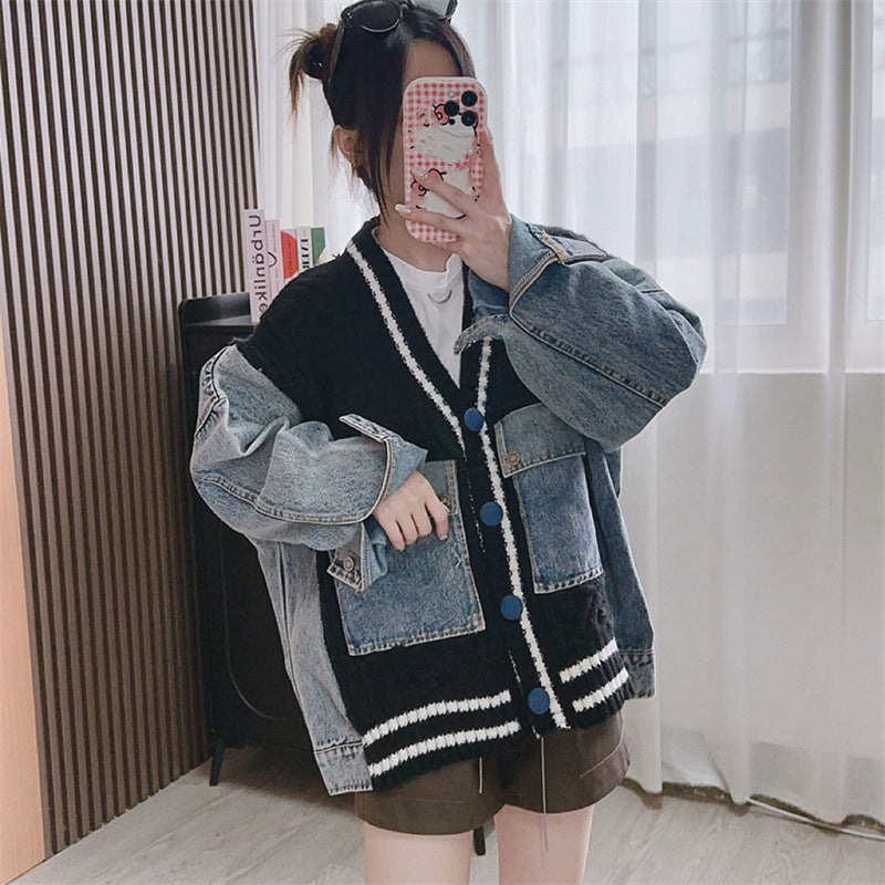Women's Denim Patchwork Knitting Clothes Thickening Leisure Knitwear