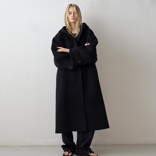 Women's Hooded Wool Overcoat Loose Temperament Breasted Coats