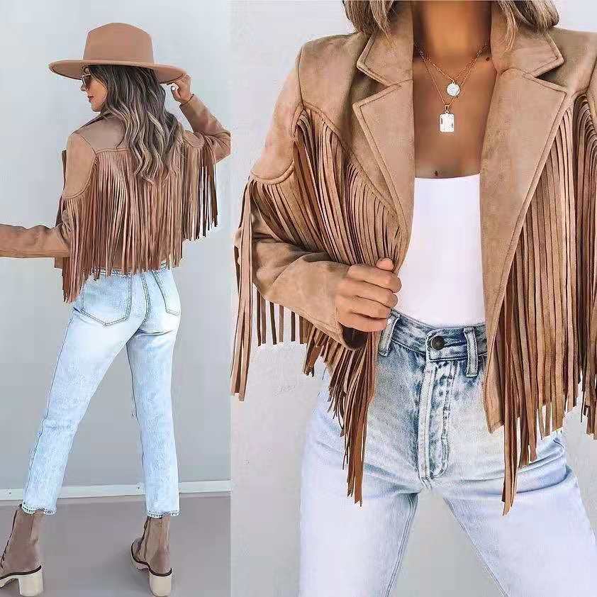 Women's Autumn Slim Long Sleeve Printed Tassel Jackets