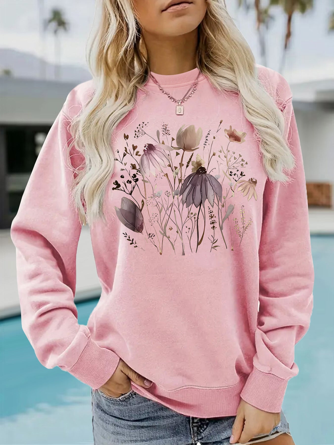 Women's Graphic Print Crew Neck Casual Long Women's Sweater, Sweater
