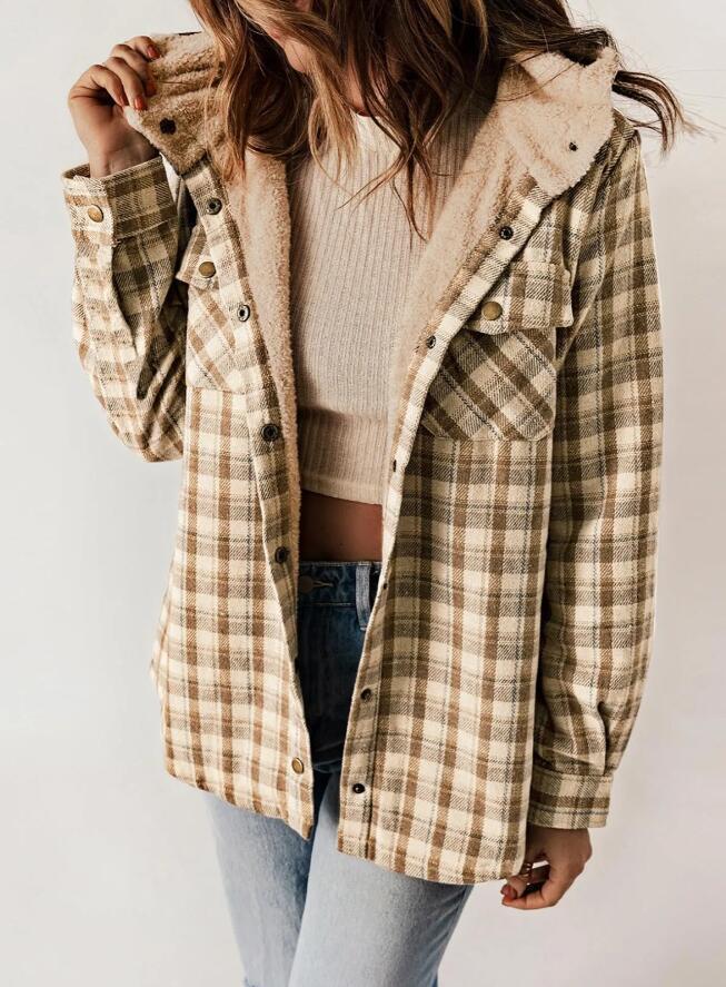 Women's Plaid Casual Long-sleeved Furry Hooded With Coats