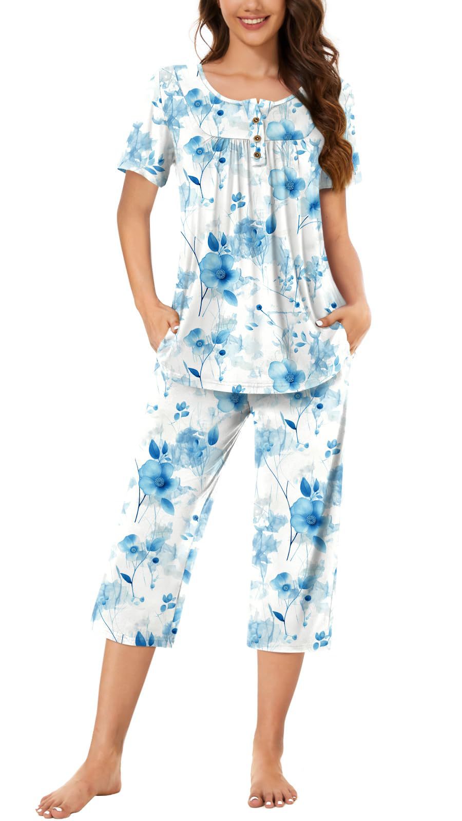 Women's Pajamas T-shirt Button Round Neck Printed Pants