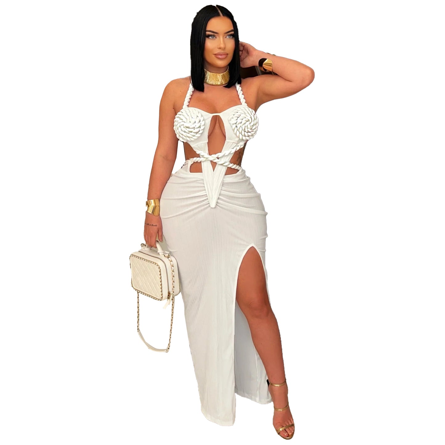 Women's Wear Halter Woven Hollowed Sexy Slit Dresses