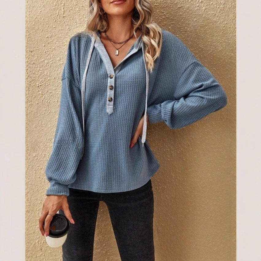 Women's Loose Hooded Casual Waffle Button Long Tops
