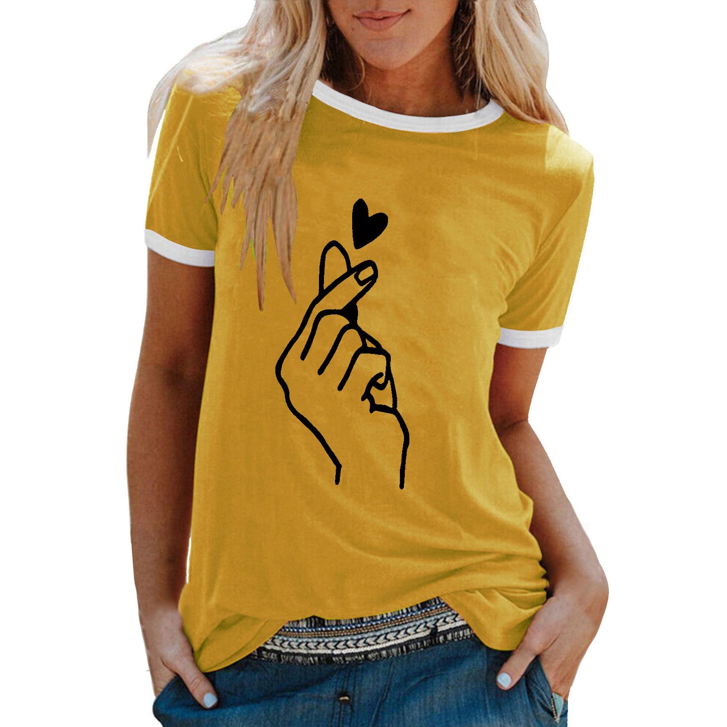 Women's Summer Shirt Finger Print Loose Round Neck Women's T-shirt