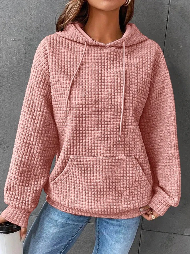Women's Waffle Round Neck Long-sleeved Solid Color Tops