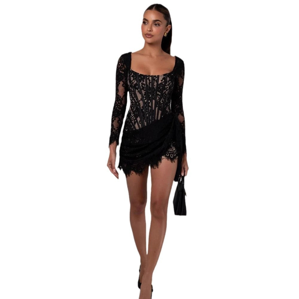 Sleeve Sexy Lace Mesh Fishbone Waist Dresses