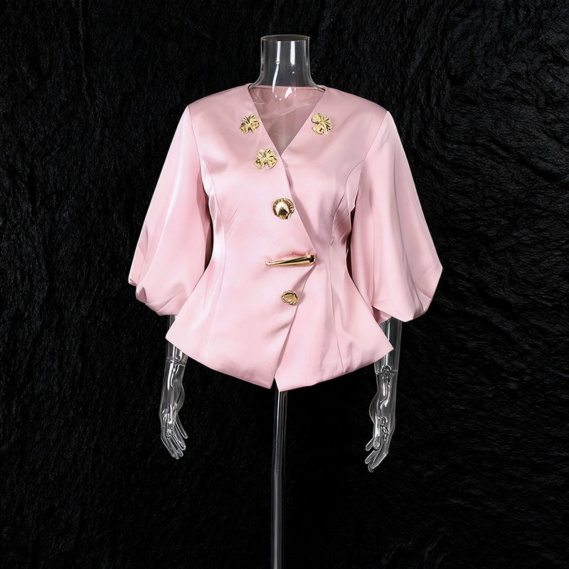 Women's Fresh Sweet Elegant Style Fashionable Metal Button Stitching Puff Blouses