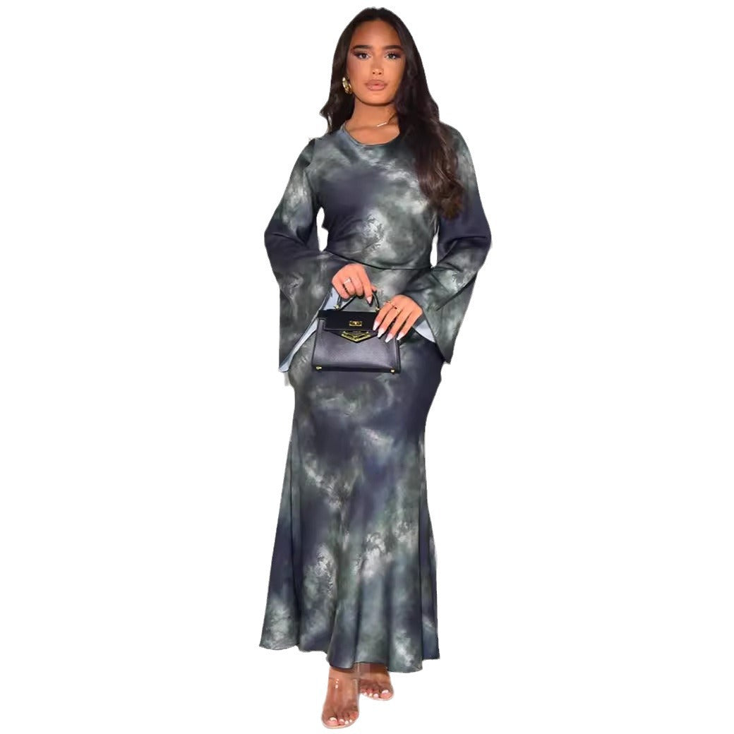 Loose Printed Casual Long Satin Dress Dresses