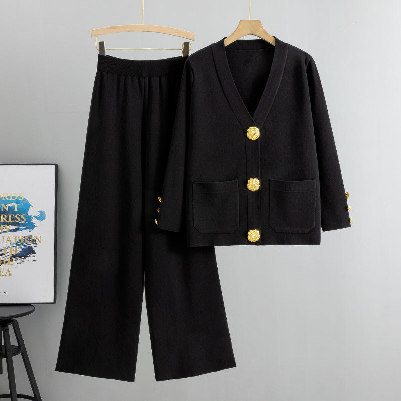 Women's Large Button Knitted Two-piece Loose Casual Suits