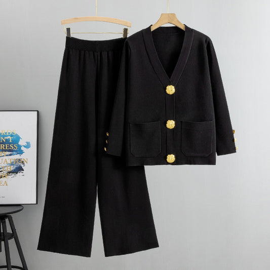 Women's Large Button Knitted Two-piece Loose Casual Suits
